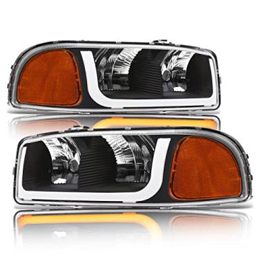 Imagem de Alpha Owls 8712146 Faróis de cristal com barra de luz LED sequencial Switchback e luz de inicialização - âmbar preto serve para GMC Sierra 1999-2006/2007 Classic Body/Yukon 2000-2006