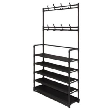 Imagem de Prateleira Organizadora 5 Níveis com Ganchos, 172 cm Altura x 60 cm Largura, Preta, para Calçados e Roupas