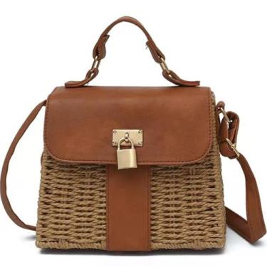 Imagem de Lifenanny Bolsa tiracolo feminina de palha, bolsa de praia pequena para o verão, Caqui