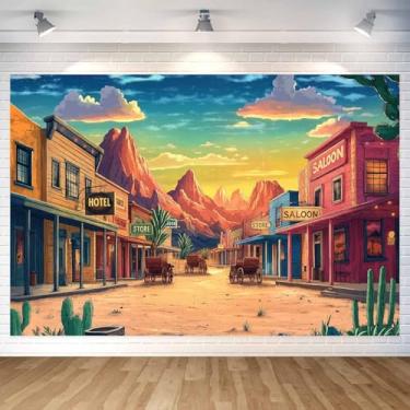 Imagem de Pano de fundo de caubói ocidental com desenho animado de 1,8 x 1,8 m, fundo retrô de cidade ocidental, tema do oeste, faixa de festa, chá de bebê, decoração de aniversário, cor-1