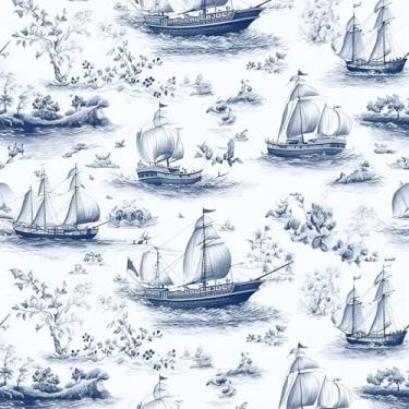 Imagem de Stickyart Papel de parede de vaso sanitário azul para veleiro 44,5 cm x 701 cm papel de parede costeiro autoadesivo retrô papel de parede branco azul removível para armários de parede de quarto de