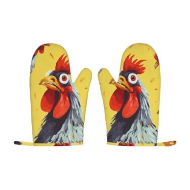 Imagem de Conjunto de 2 luvas de forno de silicone, luvas de forno antiderrapantes resistentes ao calor com forro de algodão macio, luvas artísticas, pintura de frango, luvas de churrasco para cozinhar, assar