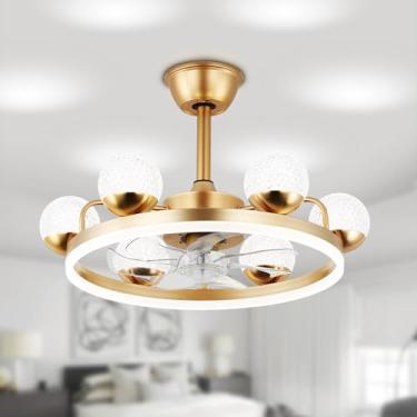 Imagem de Jenvkoil Ventilador de teto de lustre dourado de 58 cm com luz, ventilador de teto de LED regulável com luzes motor CC 6 velocidades, ventilador de teto moderno para quarto, sala de estar