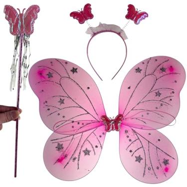 Imagem de Asa de Borboleta Fantasia Infantil Kit com Varinha e Tiara Fada Festa Carnaval Lembrancinha (Rosa)