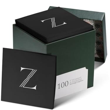 Imagem de Pacote com 100 guardanapos de coquetel descartáveis com monograma, preto, 12,7 cm x 12,7 cm, guardanapos de papel com letra Z, guardanapos de bebida brancos iniciais para casamento, festa, bar ou