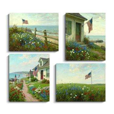 Imagem de TANXM Arte de parede patriótica da bandeira americana, pôster vintage de flores silvestres costeiras dos EUA para sala de estar, casa, decoração de escritório, conjunto de 4 (20 x 25 cm, sem moldura