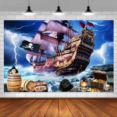 Imagem de Pano de fundo de navio, pirata, nuvens escuras, relâmpago, oceano, aventura náutica, cenário de caça ao tesouro, decoração de festa de aniversário de Dia das Bruxas (2,1 x 1,5 m)