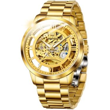 Imagem de OLEVS Relógio masculino automático esqueleto diamante luxuoso mecânico automático relógio de pulso à prova d'água luminoso, G6728: Pulseira dourada e mostrador dourado