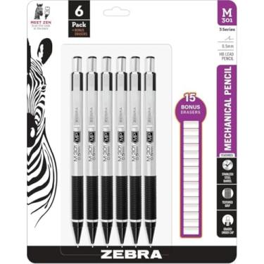 Imagem de Zebra M-301 Stainless Steel Mechanical Pencil 0.5 mm Point Size, 6 Pack with 15 Bonus Erasers Refills - Standard HB Lead - Professional Black Grip