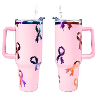 Imagem de omezin Copo de conscientização do câncer de mama de 1,134 g, presentes para mulheres, 1,134 g, gravação a laser, glitter, fita rosa, copo com tampa canudo duplo isolado de aço inoxidável