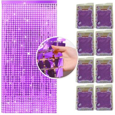 Imagem de Kit 8 Pçs Cortina Shimmer Metalizada Quadradinha 1x2m Painel Decorativo Para Festa Aniversários (Roxo)