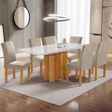 Imagem de Mesa de Jantar 6 Lugares Lorena Espanha com Vidro Cinamomo/Off White/Bege Claro - Cel Móveis