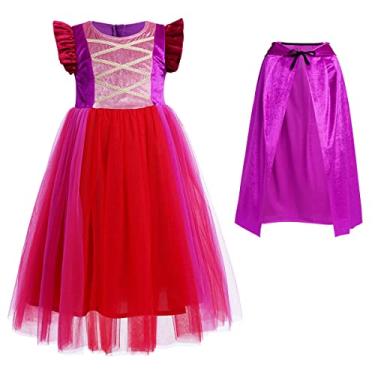 Imagem de IBTOM CASTLE Fantasia de Halloween para crianças, meninas, manga voadora, veludo, tule, vestido de bruxa com capuz, perucas, festa de aniversário de carnaval, roupa de fantasia de Halloween roxo +