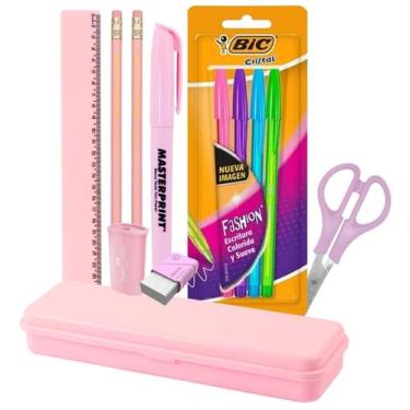 Imagem de Kit Escolar Voltas Aulas Escrita 12 itens Tons Pasteis Rosa Azul Verde