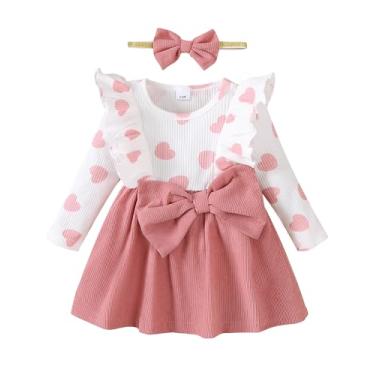 Imagem de Mioglrie Toddler Baby Girl Dress 18-24 Month Baby Girls Dress Toddler Fall Winter Girl Ruffle Long Sleeve Dresses Pink Heart Dresses with Headband