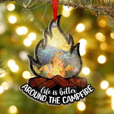 Imagem de Enfeite de apanhador de sol para fogueira – Decoração de vitral em forma de chama para amantes de acampamento, cabana, trailer, presentes de fogueira