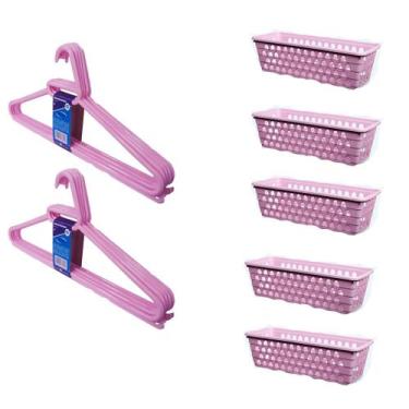 Imagem de Kit 5 Cestos Organizador Retangular 28x11x8Cm + 10 Cabides Rosa - Trio