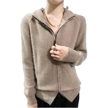 Imagem de Cardigan De Lã Merino Para Mulheres Com Gola Alta Com Zíper Duplo Tricô De Cor Sólida, Brown Gray, M