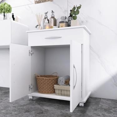 Imagem de Armário de Cozinha Branco com Rodízios, Gaveta e Compartimento de Armazenamento, Organizador para Microondas, 75 cm