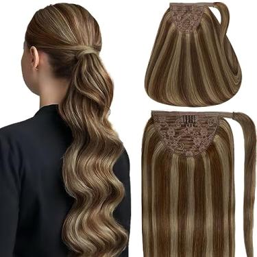 Imagem de Caliee Extensões de cabelo de rabo de cavalo com clipe de cabelo real 40 cm 80 g P4/8 marrom escuro misturado com extensões de cabelo marrom claro rabo de cavalo cabelo humano pasta mágica de amarrar