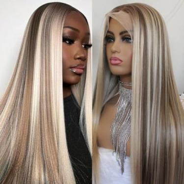 Imagem de QDBOWIN QUEEN HAIR Peruca frontal loira acinzentada 33 x 10 cm marrom ombré loira misturada longa reta sem cola sintética peruca frontal para mulheres densidade 150 61 cm