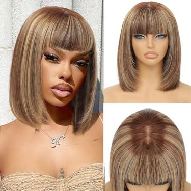 Imagem de Civrie Peruca Bob em camadas de cabelo humano sem cola de 35,5 cm, peruca bob lisa com franja para uso diário, 6,8 x 2,5 cm, perucas de cabelo humano de densidade 180, perucas de cabelo humano para