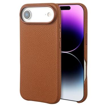 Imagem de Capa de couro compatível com iPhone 17 Air – Capa de couro real de grão lichia premium compatível com MagSafe, capa protetora fina com forro de microfibra macia, à prova de choque, marrom de 16,5 cm