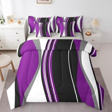 Imagem de Erosebridal Conjunto de edredom Queen abstrato roxo preto para adultos, mulheres, homens, cinza, moderno, listrado, em uma bolsa, conjunto de cama de 7 peças, arte contemporânea, boêmio, conjunto de