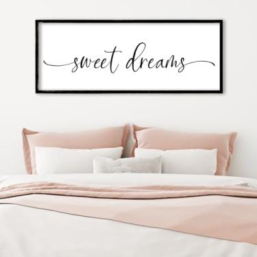 Imagem de RLWangChao Placa Sweet Dreams decoração de parede acima da cama 101,6 cm x 38,1 cm grande sobre a cama quarto principal quarto de hóspedes arte de parede emoldurada de madeira rústica grande (preto)