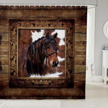 Imagem de Cortina de chuveiro de cavalo selvagem, cortina de banheiro rústica ocidental, decoração de quarto de crianças, meninas, meninos, cortina impermeável de couro bovino marrom e patchwork de madeira