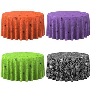 Imagem de 4 peças de toalhas de mesa de teia de aranha de Halloween, toalha de mesa descartável de teia de aranha multicolorida para mesa redonda, capa de mesa assustadora de teia de aranha para artigos de