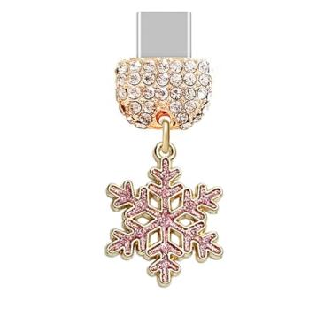 Imagem de ELISE & FONDA TP903 Tipo-C porta de carregamento cristal antipoeira pequeno floco de neve de Natal pingente de celular para iPhone 15/16/Samsung/OnePlus/Xiaomi/oppo telefones Android (rosa)