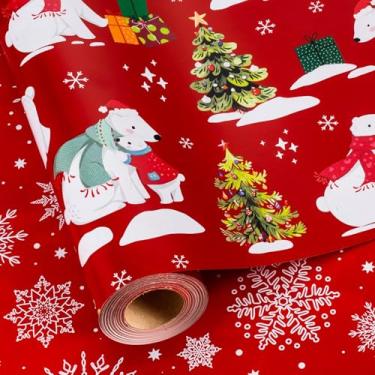 Imagem de MAYPLUSS Rolo de papel de embrulho de Natal - 43 cm x 85 m - Papel de embrulho vermelho para presente com árvore de Natal, cachecol de urso polar, chapéu reversível de floco de neve para crianças