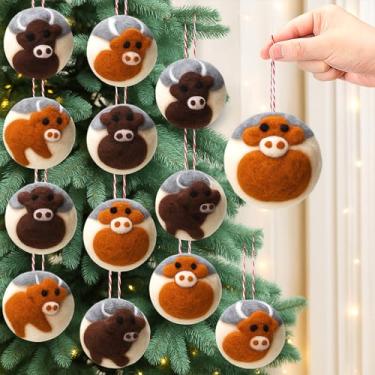 Imagem de 12 peças de enfeites de feltro de lã de Natal feitos à mão com estampa de vaca highland de feltro de lã para árvore de Natal 6 cm vintage penduradas em casa de fazenda ocidental decorações de festa de