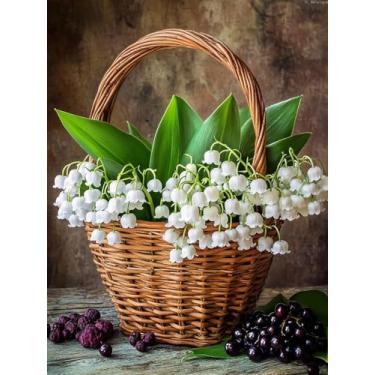 Imagem de 5D DIY Lily of The Valley Diamond Painting, kit de pintura de arte de diamante de cesta de flores, arte de parede, decoração de casa, quarto, decoração de parede, presente artesanal, 30,5 x 40,6 cm