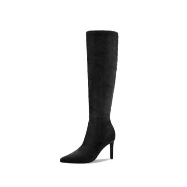 Imagem de MOTIMODEN Botas femininas de cano alto, salto médio, bico fino, salto alto, zíper lateral com fivela, nó de laço, botas longas para outono, inverno e outono e inverno, Camurça preta, 40