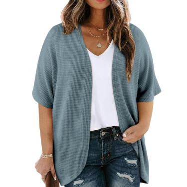 Imagem de Cardigã Kimono Eytino feminino plus size em malha de waffle azul 3X