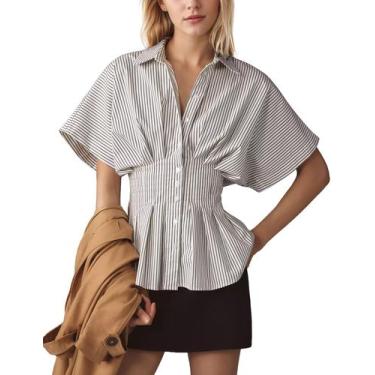 Imagem de Blusa feminina Dewpaur listrada com botões plissada e manga curta - Ds