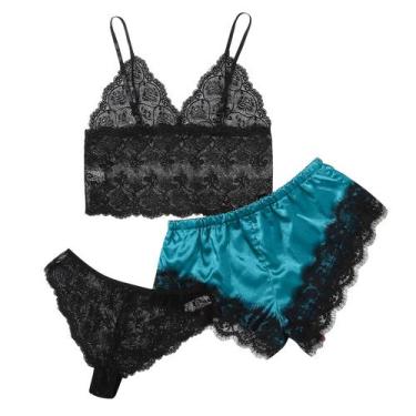 Imagem de Conjunto de pijamas femininos HUOGUO com decote em V, cílios, renda, m