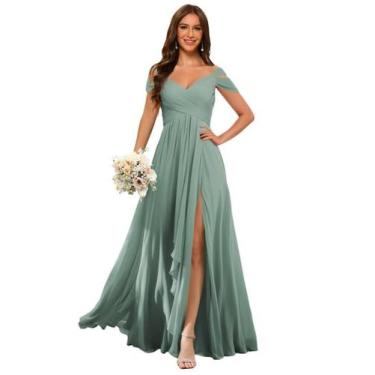 Imagem de Vestido de dama de honra Dessiny Long Cold Shoulder Chiffon Eucalyptus