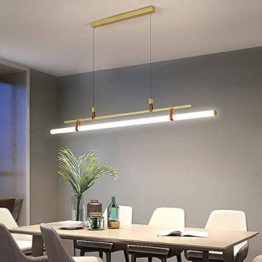 Imagem de Lustre pendente nórdico linear LED moderno com regulagem de intensidade para escritório e casa, luminária pendente de teto em acrílico contemporâneo com acabamento dourado 90 x 40 cm (35 x 1