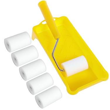 Imagem de ZS Conjunto de rolo de pintura de 5 cm mini rolo de tinta de espuma com alça e bandejas de tinta de alta densidade rolo de pintura de espuma de alta densidade kit de decoração de pintura de rolo de