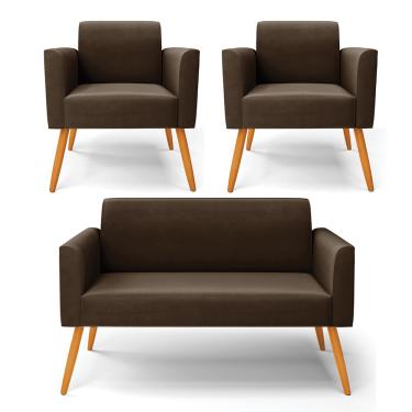 Imagem de Sofá Namoradeira com 2 Poltronas Pés Palito Castanho Marisa Suede Marrom D03 - D?Rossi