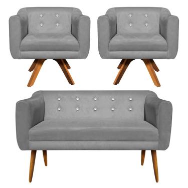 Imagem de Kit 01 Namoradeira 02 Lugares e 02 Poltronas Giratória Julia Suede Grafite com Strass Base Madeira MM30 D'Rossi