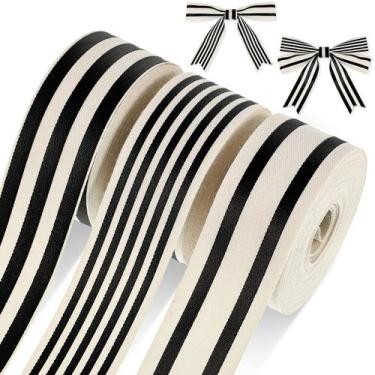 Imagem de Tecido listrado preto branco Ribbon Juinte 2,5 cm x 18 m 3 rolos