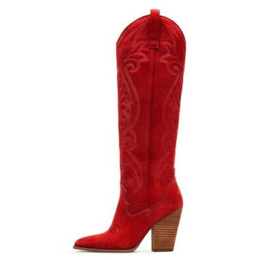 Imagem de Botas de cowboy VOMIRA vermelhas para mulheres com bico fino e panturr
