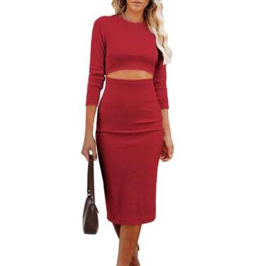 Imagem de Vestido feminino PRETTYGARDEN de manga comprida Midi Bodycon vermelho