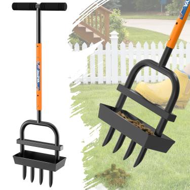 Imagem de JouZYA Ferramenta de descaroçamento de aerador de gramado ajustável com bandeja de coleta de núcleo de solo, 4 dentes ferramenta manual de jardinagem aerador de grama de ar para pátio de cuidados com