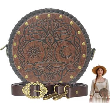 Imagem de Bolsa renascentista para mulheres, bolsa de cinto de couro sintético em relevo Viking, bolsa de cintura medieval, acessórios Ren Faire para viagens, festivais, feiras e cosplay, Marrom