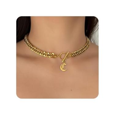 Imagem de ADEMISHIA Colar feminino com inicial inglesa antiga em ouro 18 K, delicado pingente A-Z com corrente cubana de aço inoxidável, gargantilha grossa, colar gargantilha para presente de Halloween e Natal